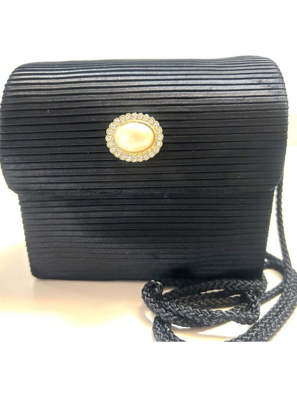 Vintage Carolyne Barton Black Pleated Evening Bag Box Purse Pearl Rhinestone